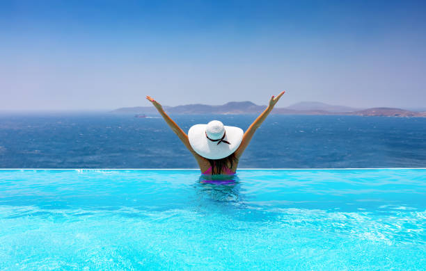 istock Woman with white hat in the pool 898177294