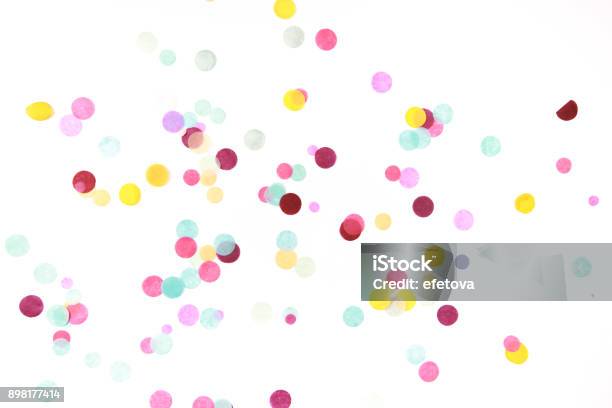 Multicolored Confetti On White Stock Photo - Download Image Now - Confetti, Circle, Paper