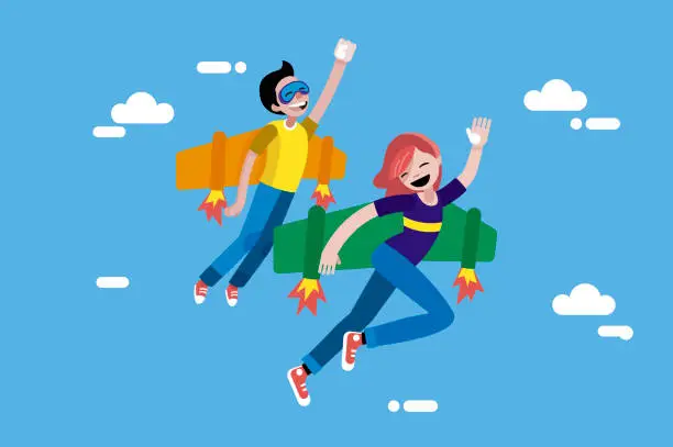 Vector illustration of Cute Boy and Girl Flying with Wings