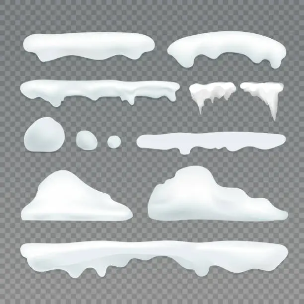 Vector illustration of Vector icicles and snowcap elements on transparent background. Snow effects vector collection