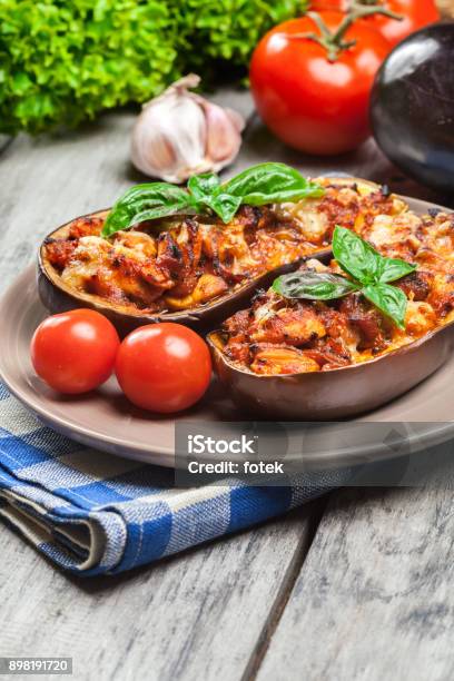 Baked Eggplant With Pieces Of Chicken Stock Photo - Download Image Now - Arabic Style, Baked, Cheese