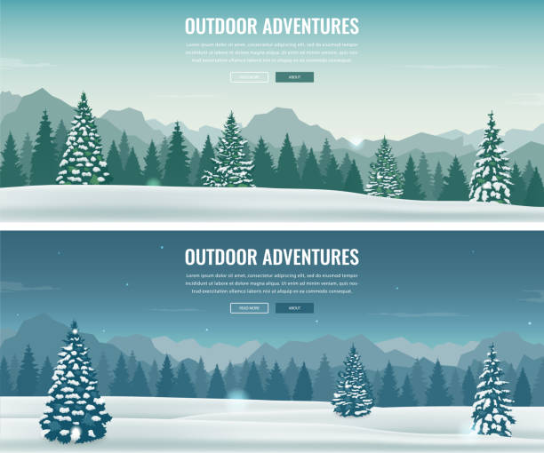 ilustrações de stock, clip art, desenhos animados e ícones de landscape with mountain peaks. winter sport vacation and outdoor recreation. concept website template. vector - forest tundra