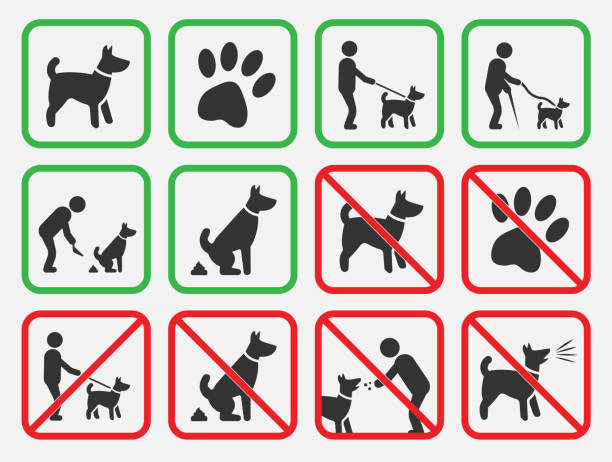 ilustrações de stock, clip art, desenhos animados e ícones de no dogs signs, dogs allowed and prohibited icons - dog alarm