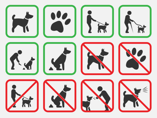 no dogs signs, dogs allowed and prohibited icons dog friendly and dog restriction signs, dog prohibited icons canine animal stock illustrations