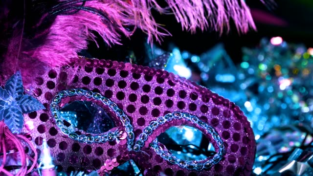 Mardi Gras, Rio Carnival masks with feathers and colorful decorations.