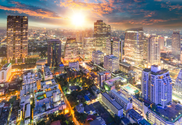 istock Panoramic view Cityscape business district from aerial view high building at dusk (Bangkok, Thailand) 898202990