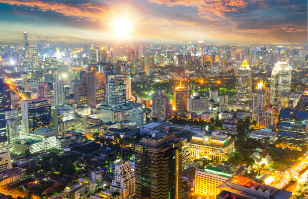 istock Panoramic view Cityscape business district from aerial view high building at dusk (Bangkok, Thailand) 898203852
