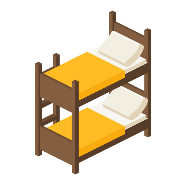 Vector wooden Bunk bed for children in isometric Bunk bed with stairs,wooden bunk bed in isometric view, bed for children in two tiers in a flat style, vector illustration isolated on white background bed frame stock illustrations