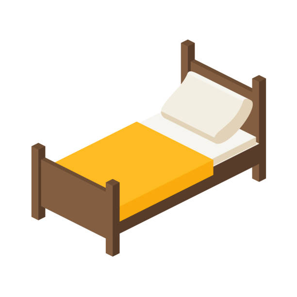 illustrazioni stock, clip art, cartoni animati e icone di tendenza di letto in legno per una persona in una vista isometrica - bedroom pillow duvet blanket