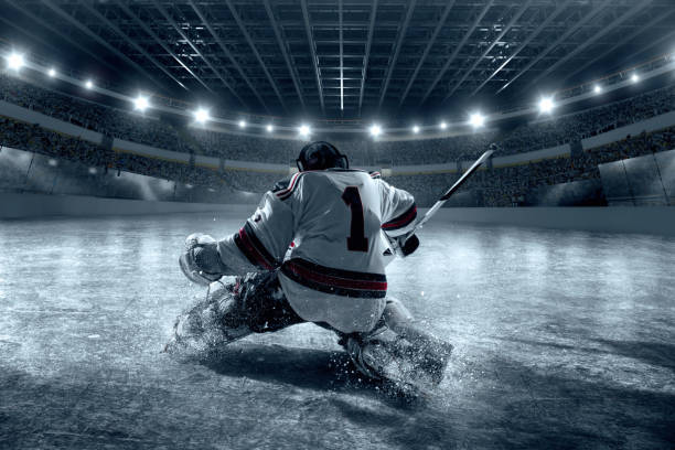 portero de hockey sobre hielo protege el objetivo. vista posterior - ice hockey hockey puck playing shooting at goal fotografías e imágenes de stock