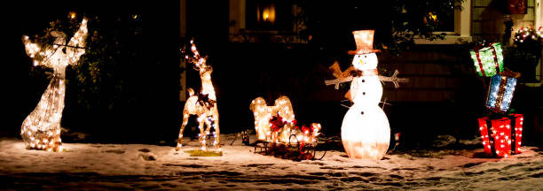 istock Christmas ornaments on a front lawn at night 898212908