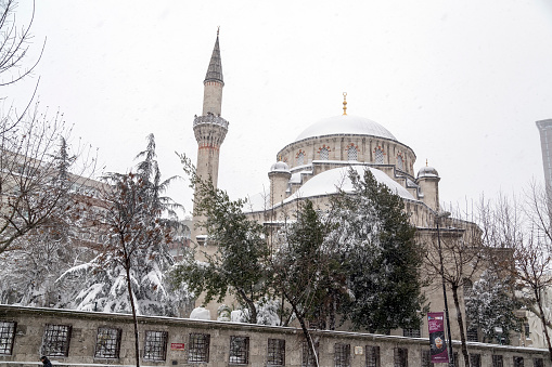 Istanbul, Turkey - January 7, 2017: Sisli mosque under snow, Sisli district of Istanbul, Turkey