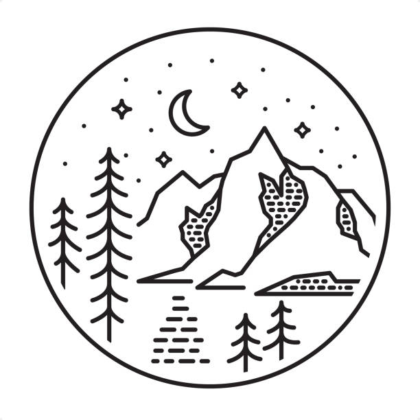 illustrazioni stock, clip art, cartoni animati e icone di tendenza di icona di mountain lake e crescent moon - tree reflection lake landscape