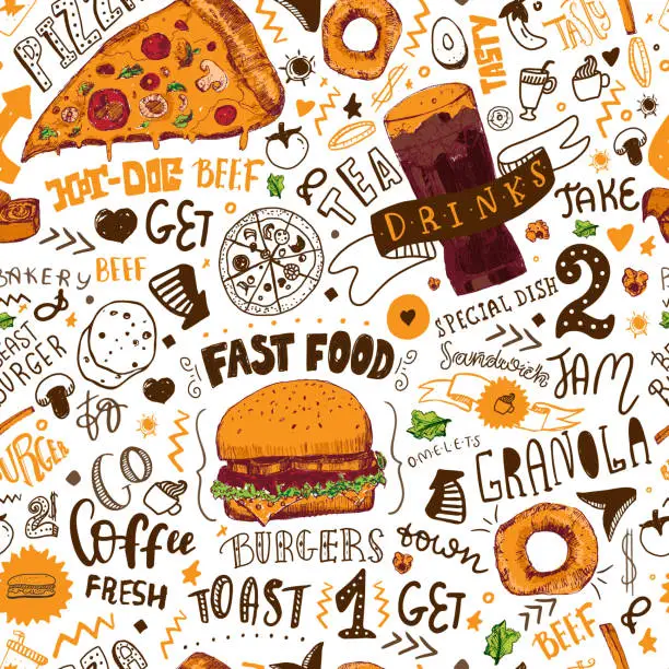 Vector illustration of Fast Food seamless pattern in Hand Drawn Doodle Style with sketh Objects on Junk kitchen Theme with lettering. Vector illustration.