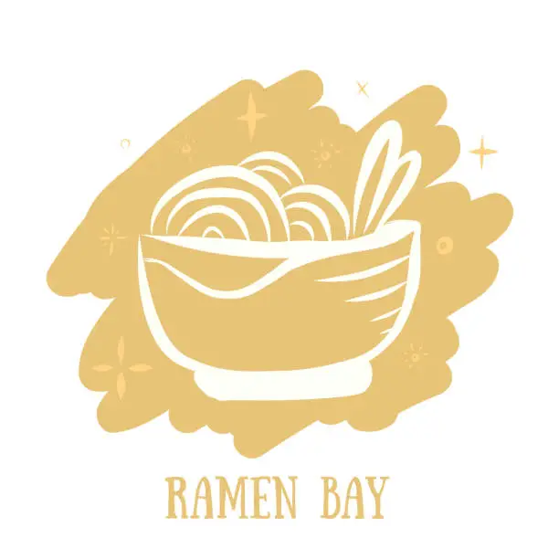 Vector illustration of Ramen food asian cuisine logo concept in sketch style on golden background with abstract signs around. Vector illustration