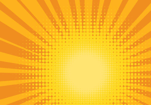 Orange and Yellow Pop Art Background Orange and Yellow Pop Art Background. Positive joyful backdrop. Halftone sun design template. Vector Illustration. bright spot stock illustrations