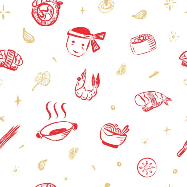 Vector illustration of JAPANESE FOOD SUSHI PATTERN with rolls and shrimp. Red doodle sketch background
