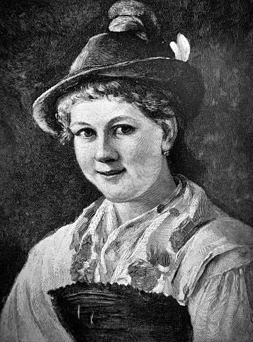 Portrait of a smiling Bavarian girl with funny hat -1896