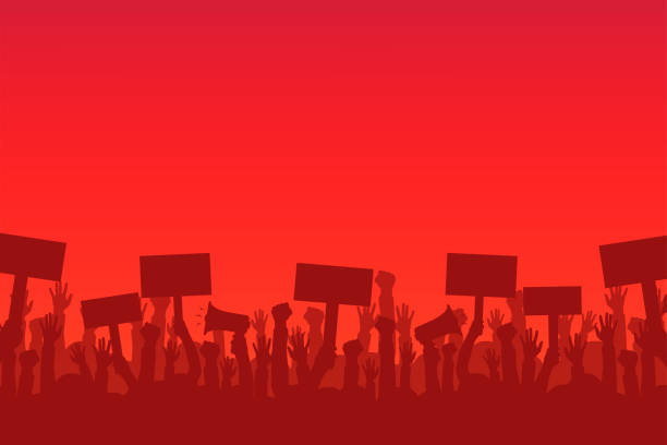 Crowd of protesters people. Silhouettes of people with banners and megaphones. Concept of revolution or protest Crowd of protesters people. Silhouettes of people with banners and megaphones. Concept of revolution or protest. Vector democracy illustrations stock illustrations