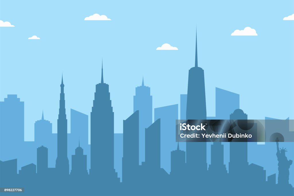 Paesaggio urbano silhouette sfondo. Skyline astratto della città con grattacieli e nuvole su sfondo blu - arte vettoriale royalty-free di New York - Città