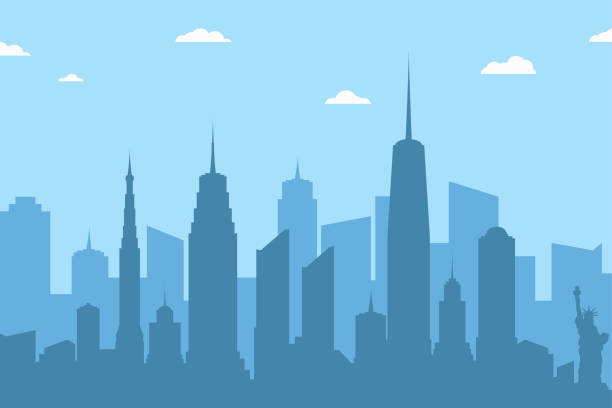 illustrazioni stock, clip art, cartoni animati e icone di tendenza di paesaggio urbano silhouette sfondo. skyline astratto della città con grattacieli e nuvole su sfondo blu - skyline silhouette cityscape residential district