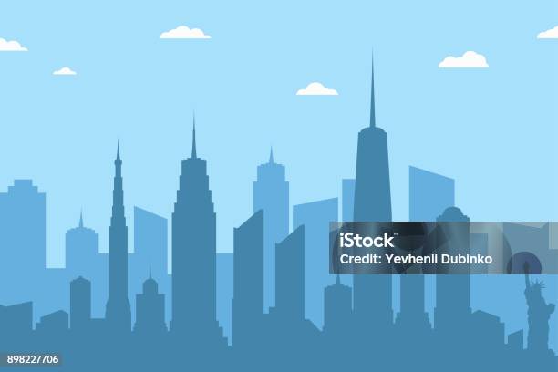 Paesaggio Urbano Silhouette Sfondo Skyline Astratto Della Città Con Grattacieli E Nuvole Su Sfondo Blu - Immagini vettoriali stock e altre immagini di New York - Città