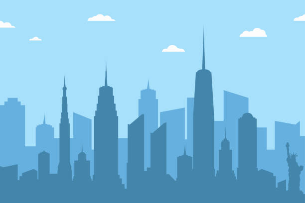街並みシルエット背景。高層ビルと青の背景に雲と抽象的な街並み - skyline silhouette cityscape residential district点のイラスト素材／クリップアート素材／マンガ素材／アイコン素材