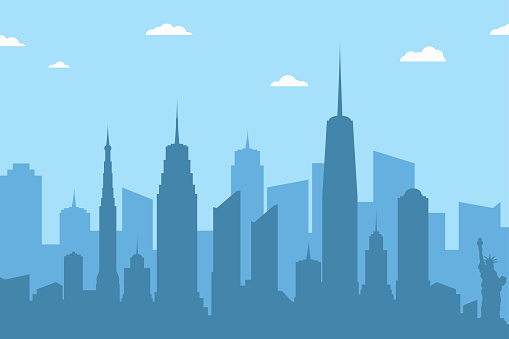 Cityscape silhouette background. Abstract city skyline with skyscrapers and clouds on blue background. Vector