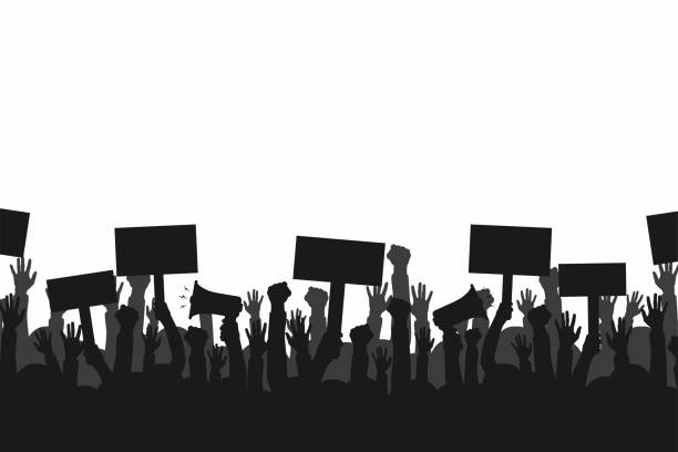 protestierenden menschenmenge. silhouetten von menschen mit fahnen und megaphone. konzept der revolution oder protest - marsch stock-grafiken, -clipart, -cartoons und -symbole
