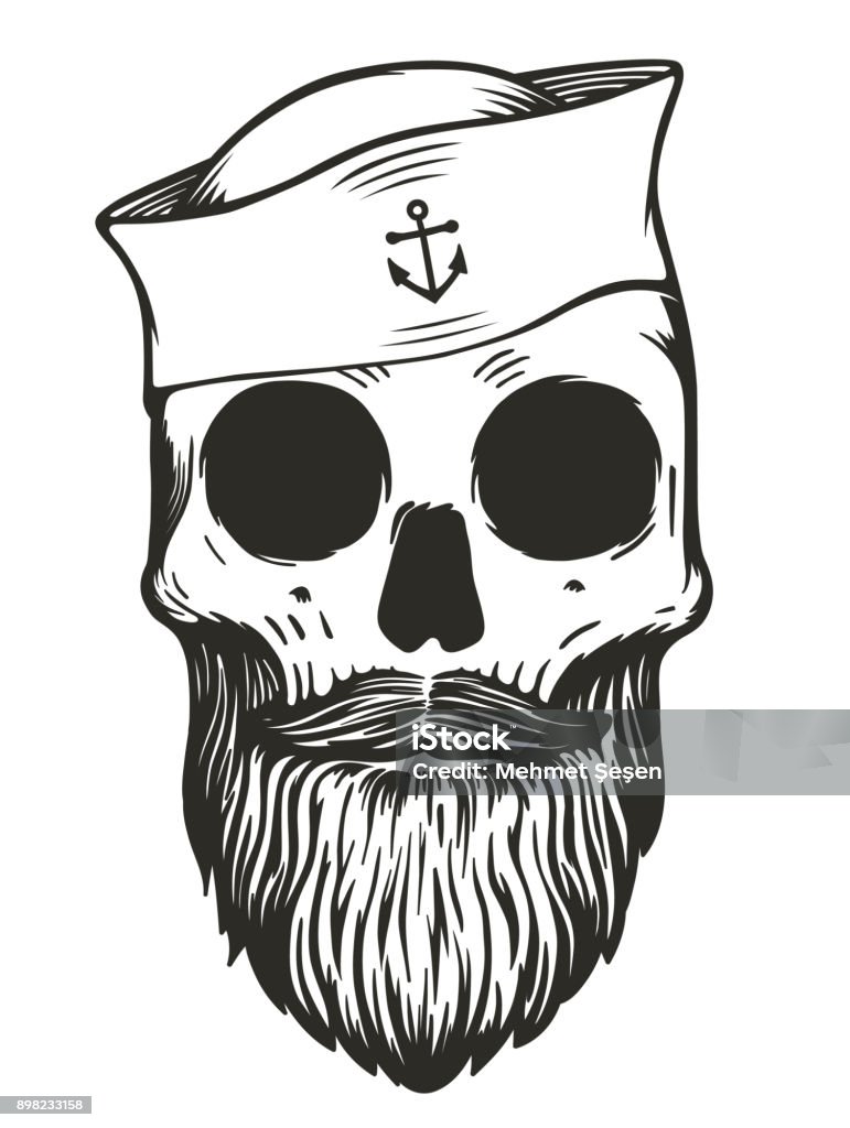 Sailor skull with beards and mustache wearing sailor hat navy skull vector illustration Sailor Hat stock vector