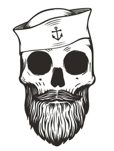 Sailor skull with beards and mustache wearing sailor hat navy skull vector illustration sailor hat stock illustrations