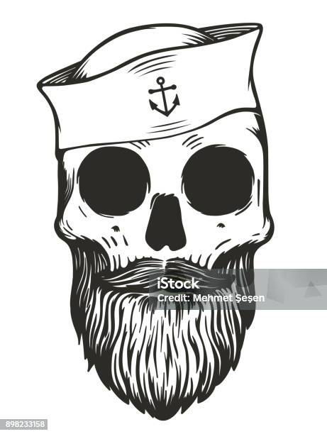 Sailor Skull With Beards And Mustache Wearing Sailor Hat Stock Illustration - Download Image Now