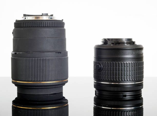 istock DSLR camera lenses on top of a glass reflective surface and white background 898238664