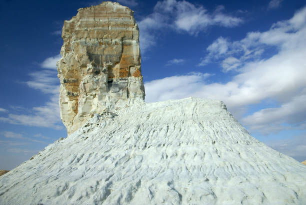 White peaked rock in Ustyrut Plateau, Mangystau, Kazahzstan stock photo