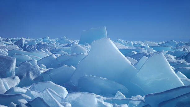The icing supernatural phenomenon in frozen Lake Baikal, Irkutsk,Russia stock photo