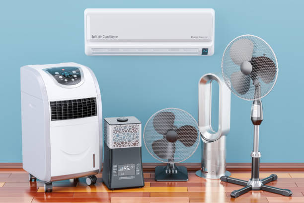 istock Cooling and climate electric devices on the wooden floor. 3D rendering 898247498