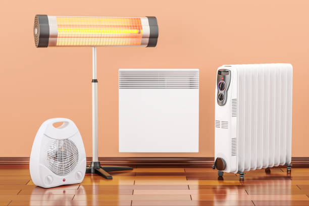 Heating devices. Convection, fan, oil-filled and infrared heaters, 3D rendering