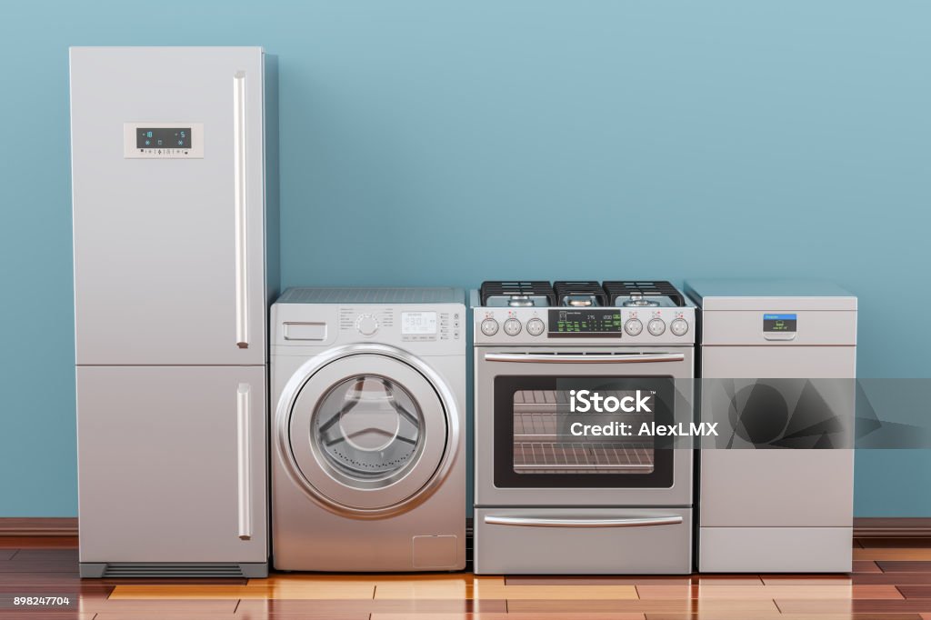 Washing machine, gas stove, fridge and dishwasher in room on the wooden floor, 3D rendering Appliance Stock Photo