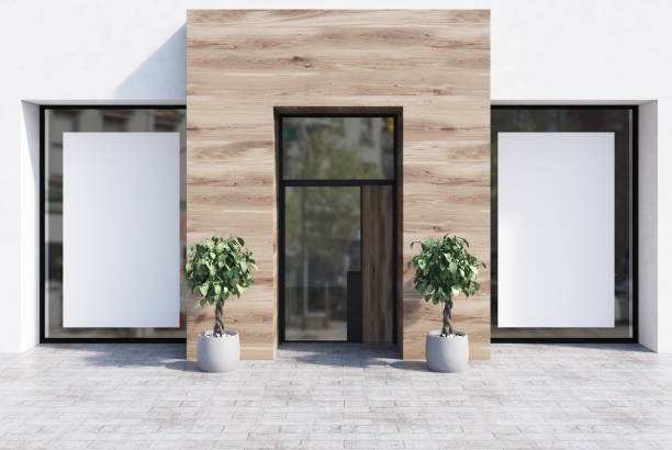 istock White and wooden cafe facade, two posters 898249518