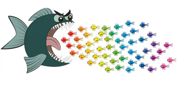 Vector illustration of Big fish eating many colorful little fish, imprudent and careless as if in hypnotic trance - symbolic for gullible, naive, thoughtless, credulous or deluded, misled and deceived people - comic.