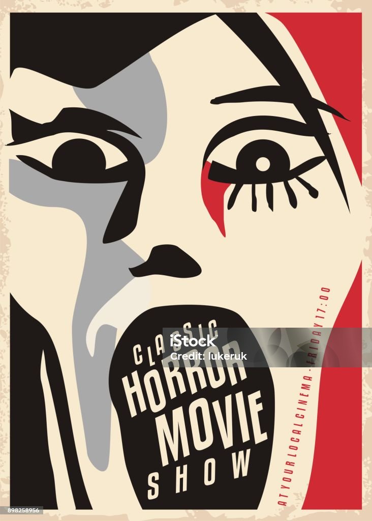 Horror movies poster design Horror movies poster design with dreadful face screaming. Cinema poster for scary movies classical show. Cubism style artistic vector illustration. Poster stock vector