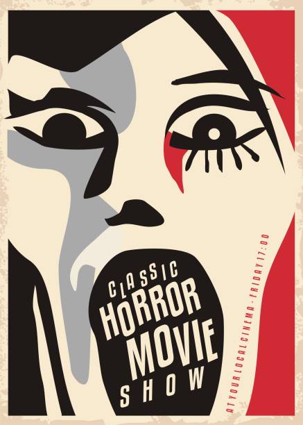 Horror movies poster design Horror movies poster design with dreadful face screaming. Cinema poster for scary movies classical show. Cubism style artistic vector illustration. poster illustrations stock illustrations