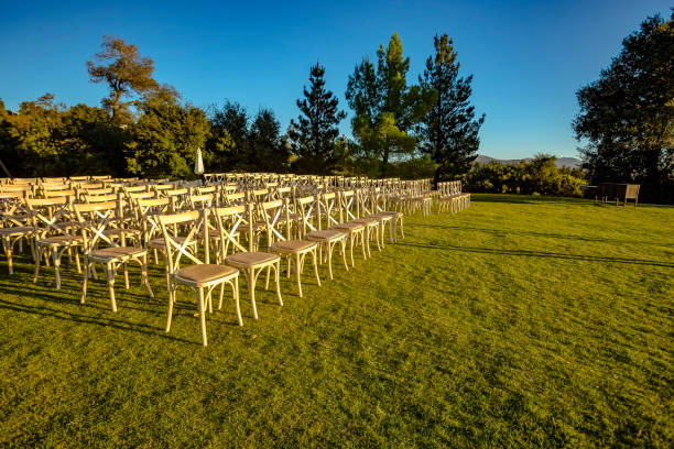 istock Chairs set up on a lawn for a wedding cerimony with no people yet from the front 898260482