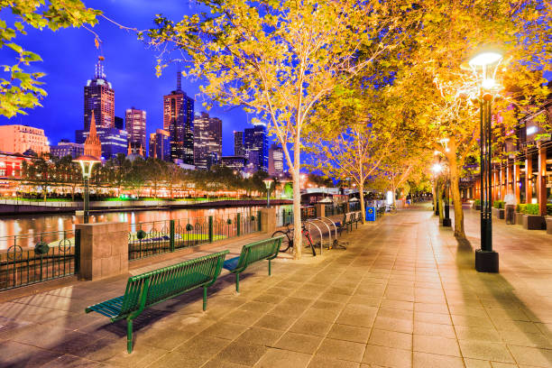 Me South bank benches Dark Boardwalk for shoppers on southbank yarra river side in Melbourne city CBD at sunrise under leafy trees and illuminated street lamps. south yarra stock pictures, royalty-free photos & images