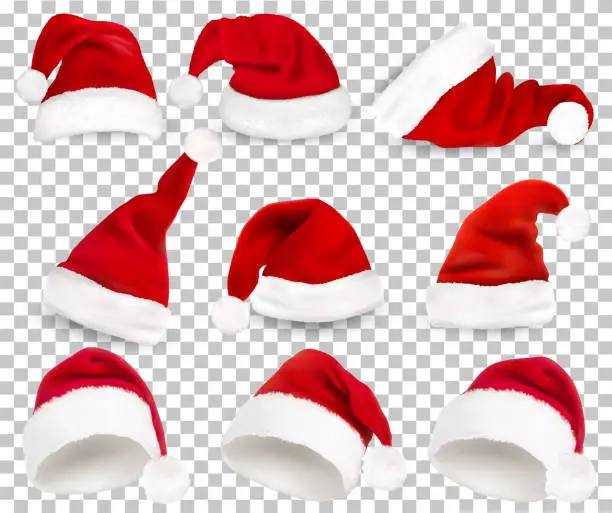 Vector illustration of Collection of red santa hats on transparent background. Vector.