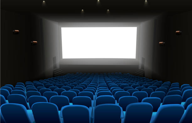 ilustraciones, imágenes clip art, dibujos animados e iconos de stock de auditorio cine con asientos azul y blanca pantalla en blanco - stage theater theatrical performance curtain seat