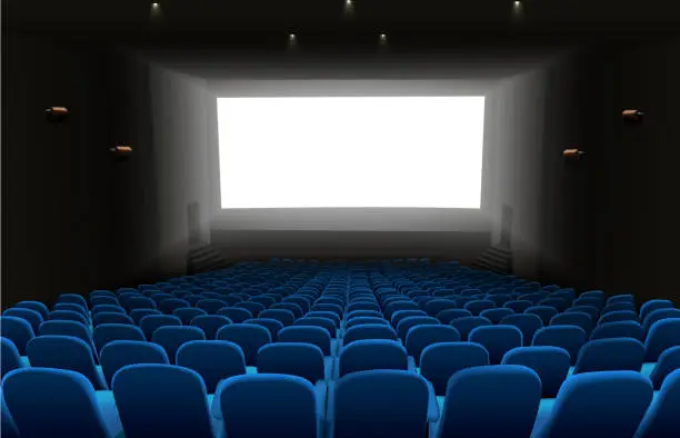Vector illustration of Cinema auditorium with blue seats and white blank screen