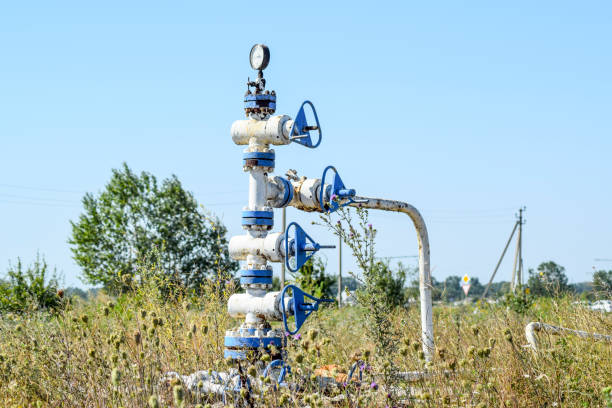 bien para la inyección de agua en el depósito. manteniendo la presión del depósito. producción de petróleo. bien para el mantenimiento de la presión de reservorio - valve air valve oil field oil fotografías e imágenes de stock