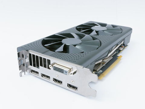 Powerful modern high end computer graphics card isolated on white background