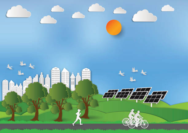 Paper art style of Landscape and People in city parks with Solar Cell to save the world idea,  Abstract vector background Paper art style of Landscape and People in city parks with Solar Cell to save the world idea,  Abstract vector background. energy fuel and power generation city urban scene stock illustrations